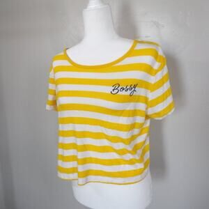Freeze Crop Tee Juniors XL Yellow/White Striped Loose Fit Top‎ 'Bossy' Graphic